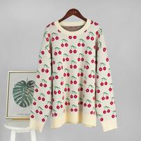 Cherry Print Sweater Lazy Style Loose Knitted Pullover Autumn Winter Sweet Cherry Sweater S abrikosas