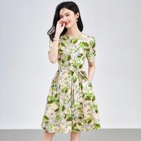 Elegant French Romantic Print Double Crepe Chiffon Dress for Women Small