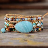 Natural Amazonite hand-woven leather bracelet, European and American style women's bracelet Amazonite