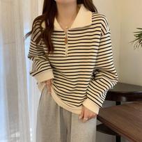 Plus Size Striped Polo Collar Half Zip Hoodie for Women - Autumn, Long Sleeve, Trendy Loose Fit Extra Large abrikosas