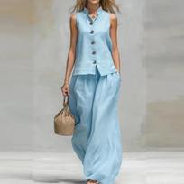 Women Sleeveless V Neck Button Front Vest Top Wide Leg Loose Fit Long Pants Two Piece Set Summer Casual Outfit XXL