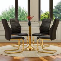 Valgomasis stalas ir kėdės, 85 cm, grūdintas stiklas, auksinis metalas, 5 vnt