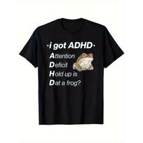 European sizes Funny ADHD Frog Graphic T-Shirt for Men | Black Casual Round Neck Short Sleeve, Soft Polyester Blend S