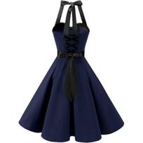 Moterų kokteilinė suknelė Midi Retro 50-ųjų Vintage tamsiai mėlyna L — platėjanti suknelė, pin up stilius, rockabilly suknelė, medvilninė suknelė, elegantiška proginė suknelė, 50-ųjų suknelė, taškuota suknelė, L