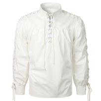 Fashion Classic Shirt Medieval Pirate Shirt Men Bandage Long Sleeve Gothic Warrior Shirt L balta