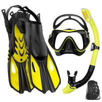 Mask Fin Snorkel Set Snorkel Gear for Adult Panoramic View Snorkel Mask Adjustable Dive Flipper Dry Top Snorkel and Travel Bag S/M black