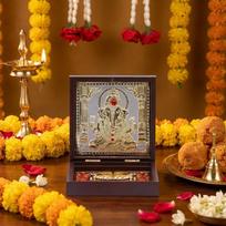 Gold Plated Lord Ganesh ji Pocket Temple for Pooja Room | Sri Ganesha Divine Pooja Boxes with Photo Frame & Charan Paduka