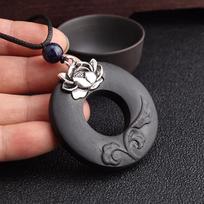 Vintage Black Sandalwood Lotus Pendant Necklace Ethnic Adjustable Long Rope Wood Sweater Necklaces AVE
