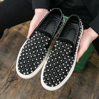 Fashion 2025 New Men Tide Leather Casual Shoes Fashion Luxury Embroidery Twinkling Rhinestone Flat Shoes Leisure Sneakers Loafers 38