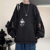 Autumn Men's Hole-Knit Sweater: New Lazy Style Pullover in Black or White 3XL juoda