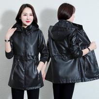 Women's Black Hooded Faux Leather Jacket Mid-Length Drawstring Waist Windproof Outerwear with Pockets M