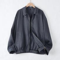 High-end business men's pure linen jacket, spring/summer old money style, simple commuter jacket with a turn-down collar, casual zip-up cardigan S