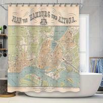 Vintage Hamburg City Map Shower Curtain Antique Germany Travel Poster Bathroom Decor Artistic Linen Waterproof Fabric W60H190(CM)-1 Pcs