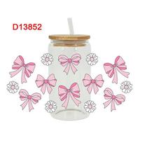 Water Bottles Sticker UV DTF Wrap Transfer Pink Bow Sticker For 16Oz Glass Cup Stickers Waterproof Clear Smooth Diy Decals