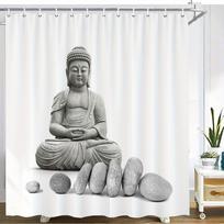 Zen Buddha Shower Curtain Stone Statue In Lotus Pose, Meditative Serenity With Zen Stones, 12 Hooks, 70.87×70.87 Inch, Polyester W60H190(CM)-1 Pcs gray