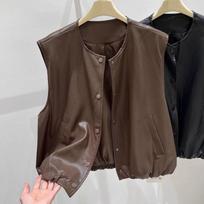 women faux leather vest round neck sleeveless button down casual outerwear M