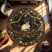 Tappeto Rotondo Blu Navy con Coniglio e Luna, Tappeto Botanico con Funghi, Decorazione Boho per Cameretta, Tappetino Stile Witchy per Camera da Letto 60cm x 60cm