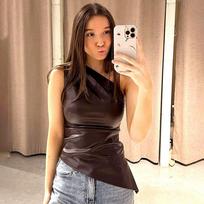 Women's Single Shoulder Sleeveless Vest, Autumn New Solid Color Slim-fitting Diagonal Neck Zipper Slim Top S