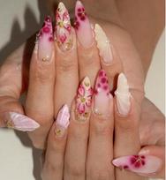 New long almond manicure 3D three-dimensional relief sweet shell pattern French flower design wearing armor Free jelly glue + rubbing strips