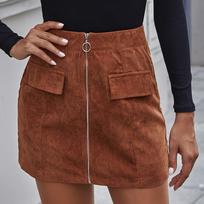 Women Fashion Color Zip Skirt Corduroy Short A-line Skirt S žalia