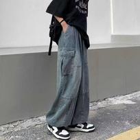2026 Spring Autumn Men Baggy Jeans Men Wide Leg Pants Big Pockets Elastic Waist Streetwear Trousers Male Loose Denim Pants S mėlyna
