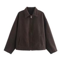 Women's Zip Up Wool Jacket Long Sleeve Lapel Short Pea Coat Casual Fall Spring Outerwear with Pockets M