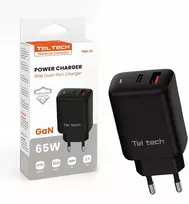 Teltech kroviklis jungiama į tinklą GaN USB / Typ-C 65W QC PD juoda TCH-05