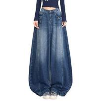 Women Barrel Jeans Casual Baggy Wide Leg Jeans High Waist Boyfriend Denim Pants Vintage Loose Stretchy Streetwear S mėlyna
