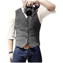 V Neck Men's Suits Vest Casual Classic Formal Business Herringbone Tweed Slim Fit Waistcoat For Wedding Groomsmen M