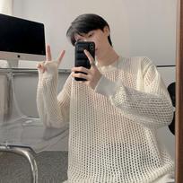 Men's Summer Thin Grid T-Shirt: Trendy Hong Kong Style, Hollow Knit, Long Sleeve, Round Neck Cover-Up M balta