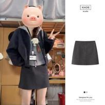 Women's Gray Woolen Skirt & Baseball Jacket Set - Korean Academy Style L American Casual