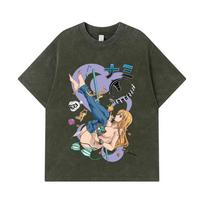 275 GSM Washed T-shirts 100% Cotton One Piece V55 Nami Print Unisex Heavy Cotton T Shirt S armijos žalia spalva