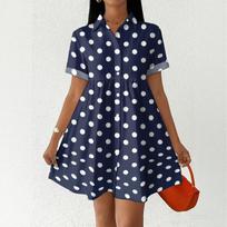 Women Casual Loose Shirt Dress Button Up Stand Collar Short Sleeve Printed Mini Dress Lightweight Tunic Dress M