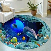 3D Underwater Cave Dolphin Tropical Fish Round Rug, Blue Coral Reef Ocean Floor Mat for Living Room Sofa Side Bedroom Indoor 60cmx60cm