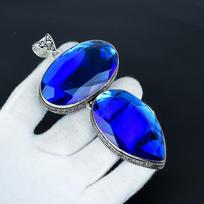 London Blue Topaz Giant Size Gemstone Handmade 925 Sterling Silver Jewelry Pendant, Big Size Pendant For Gifts , Double Blue Topaz Gemstone Pendant 2.54"