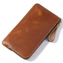 Genuine Leather Clutch Wallet Men Crazy Horse Vintage Handmade Zipper Pouch with Pen Case