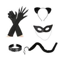 5 vnt. / rinkinys „Cosplay Cat“ imituotas uodegos rinkinys, akių dengiantis plaukų segtukas, pirštinės ir uodegos rinkinys „Halloween Maskerade Performance Prop Wedding Night Slutty“ Sets black
