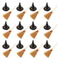 24 Pcs/Set Mini Witch Hat with Mini Broom Miniature Straw Brooms Plastic Witch Hat Set for Halloween Party Decoration 24PCS