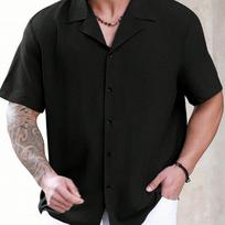 Men's Cuban Collar Solid Color Short Sleeve Shirt Casual Breathable Black Top S juoda