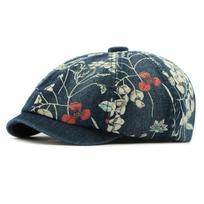 Printed Beret Women's Octagonal Cap Vintage Cap Denim Newsboy Cap for Men tamsiai mėlyna spalva