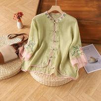Summer Cotton and Linen Retro Embroidered Shirt Women's Cardigan Shirt Three-quarter Sleeve Blouse Chinese Style M žalia