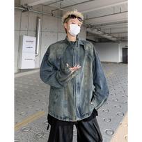 Washed Yellow Clay-Dye Stand Collar Denim Jacket: Men's Retro Loose-Fit Zipper Autumn Top Large