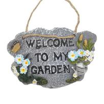 Resin Garden Welcome Sign with Flowers Birds Decorative Outdoor Garden Stone Plaque with Hemp Rope for Rustic Yard Lawn Patio Home Decor C