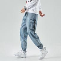 Japanese Streetwear Baggy Harem Ankle Cargo Denim Pants Men Loose Harajuku Casual Hip Hop Jeans Trousers for Men M mėlyna