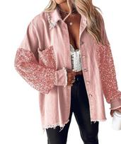 Women's Sequins Patchwork Long Sleeve Denim Shirt Jacket Oversized Lapel Button Down Raw Hem Streetwear Cool Outerwear S