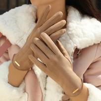 Gloves Women's Winter Velvet Warm Suede Korean Version Cute Riding Driving Ski Gloves Touch Screen One size chaki