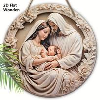 Medinis Kalėdų ženklas „Gimimas“ - Apvalus ženklas „Jėzus Navidad“ priekinėms durims, sienos dekoracija - Ideali Kalėdų puošmena 20cm/7.87in rožinė