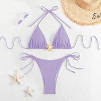 New Women Push Up Swimwear 2 Piece Bikini Set Starfish Sexy Halter Bandage Beachwear Bathing Suits for Beach Pool S violetinė