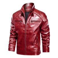 Men's Stand Collar Faux Leather Jacket Motorcycle Style Casual PU Coat Pocket Hooded M