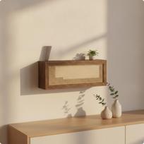 Maršrutizatoriaus laikymo dėžutė su dangčiu Sieninė spintelė Kabelių angos Medžio išvaizda Ieškau Gyvenimui 50-13-20cm Rattan beige